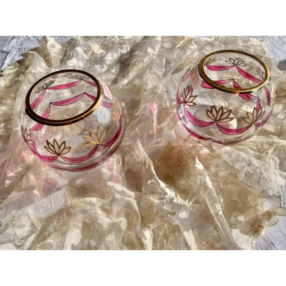 Handcrafted Romanian Crystal Bowl With Gold & Pink Lotus Design Elegant Vase Or